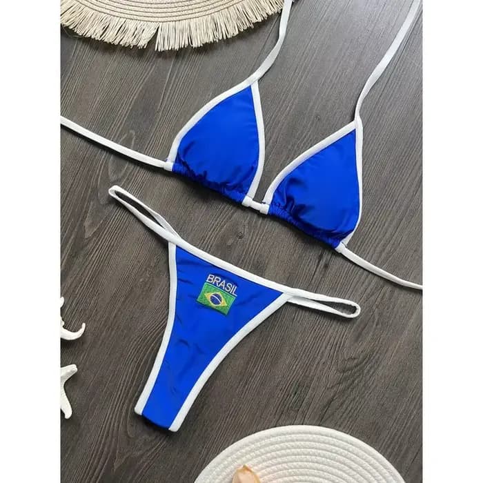 Broderie drapeau du brésil contraste fendu Bikini ensemble femmes maillots de bain Patchwork maillot