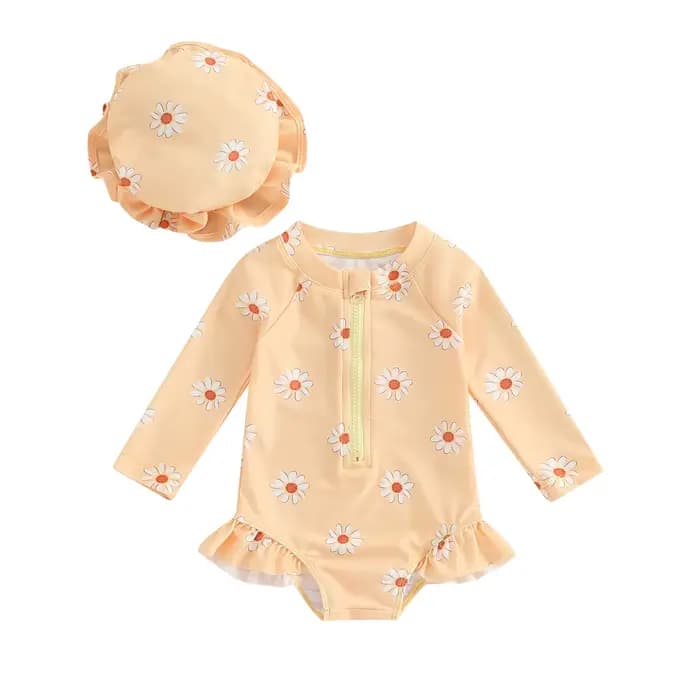 Maillot de bain avec chapeau pour bébé fille, combinaison à manches longues, imprimé fleuri, fermetu
