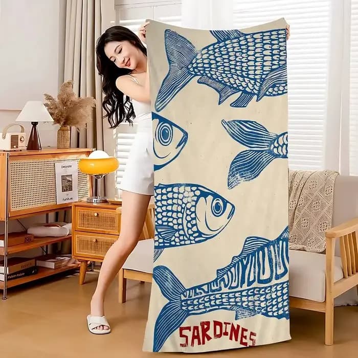 Serviette de plage grande taille motif sardines, serviette de bain vintage à poissons, séchage rapid