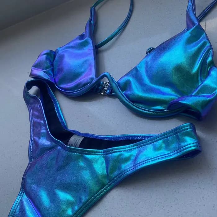 Maillot de bain triangle holographique bleu, sexy, soutien-gorge push up, culotte tanga extrême, sty