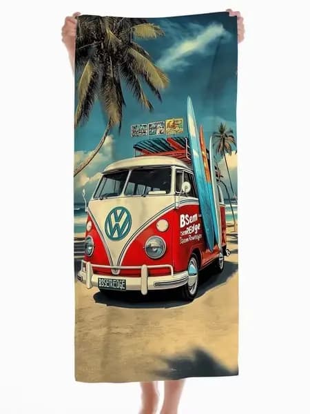 Serviette de plage imprimée vintage VW Bus & Planche de surf - Serviette de bain douce et absorbante