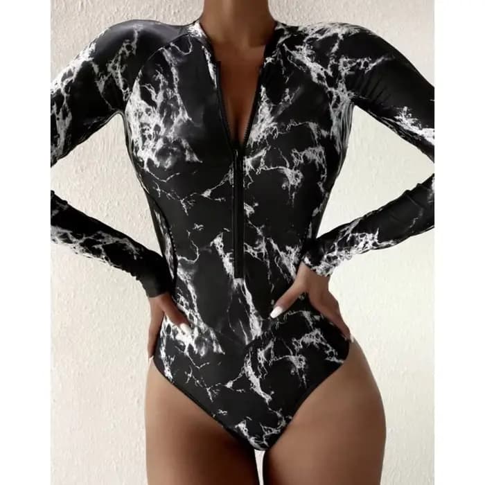 Été impression fermeture éclair une pièce maillot de bain fermé à manches longues maillots de bain s