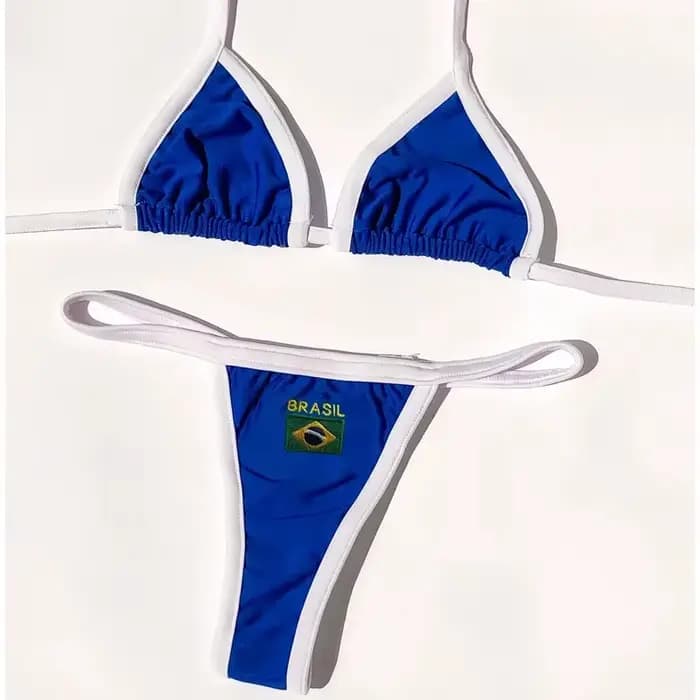 Broderie drapeau du brésil contraste fendu Bikini ensemble femmes maillots de bain Patchwork maillot