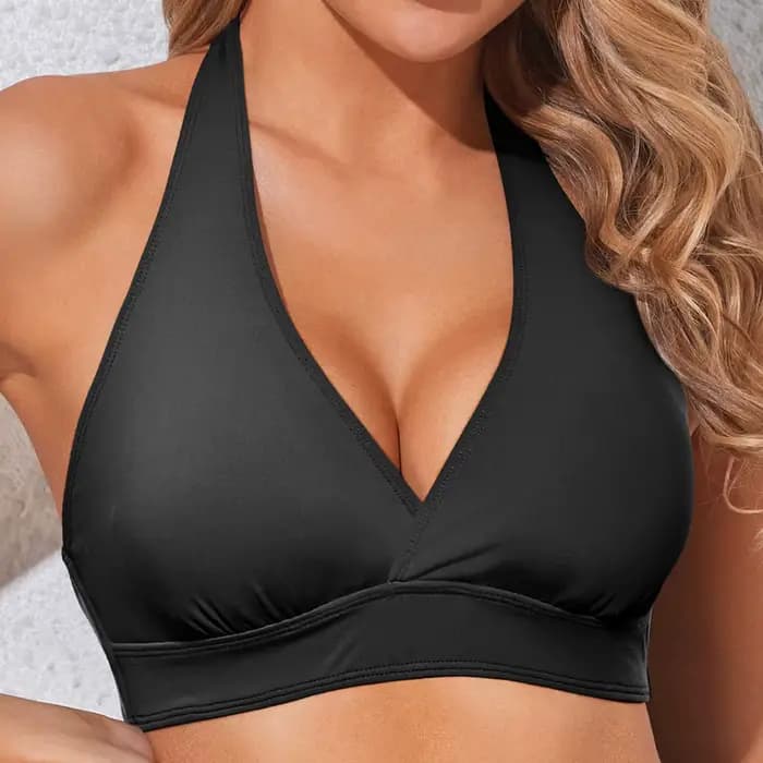 Haut de bikini sexy pour femme, col en V, couleur unie, push-up, maillot de bain femme
