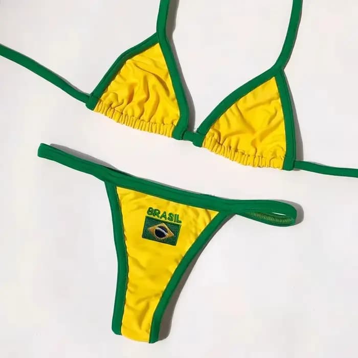 Broderie drapeau du brésil contraste fendu Bikini ensemble femmes maillots de bain Patchwork maillot