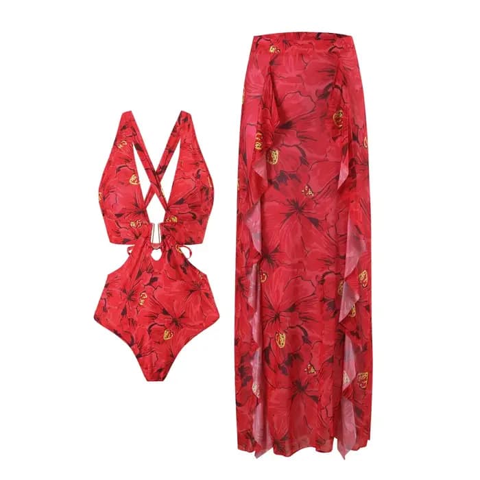 Ensemble de maillot de bain deux pièces imprimé fleuri fleur rouge fleuri vacances ensemble une pièc
