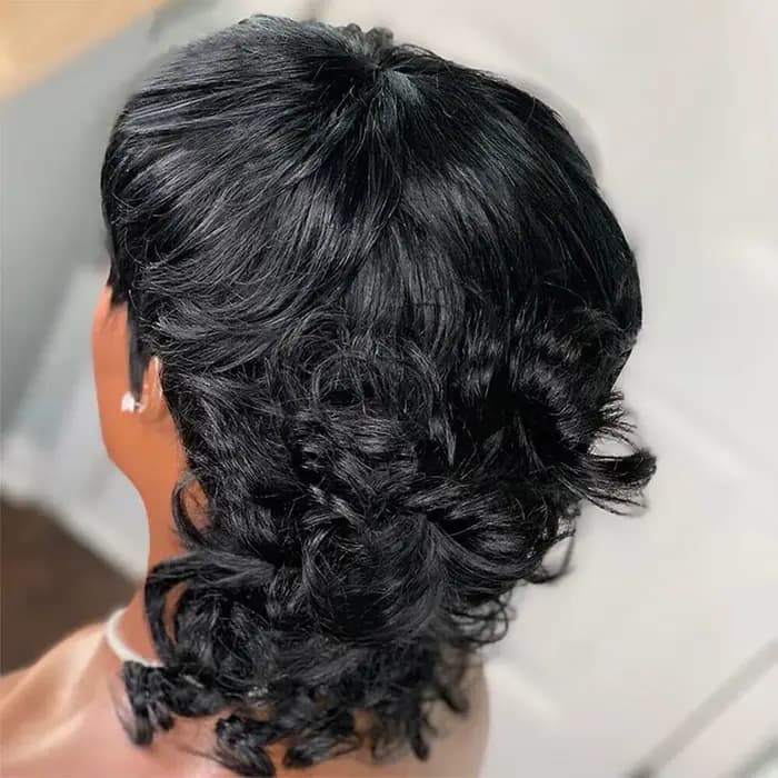 Perruque de cheveux humains 1B, cheveux courts bouclés, coupe Pixie, avec frange, Style mulet superp