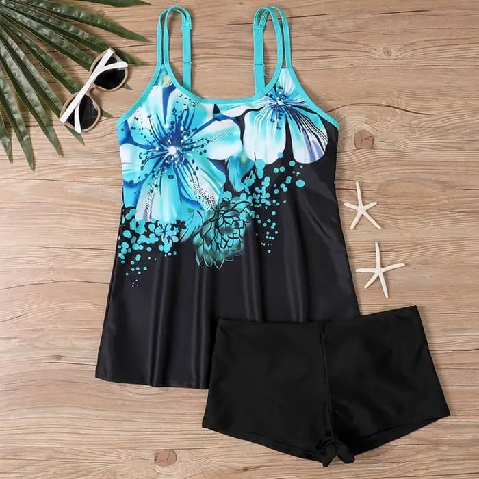 Maillot de bain avec short pour femmes, vêtements de plage d'été, ensemble floral, haut en fibre pré