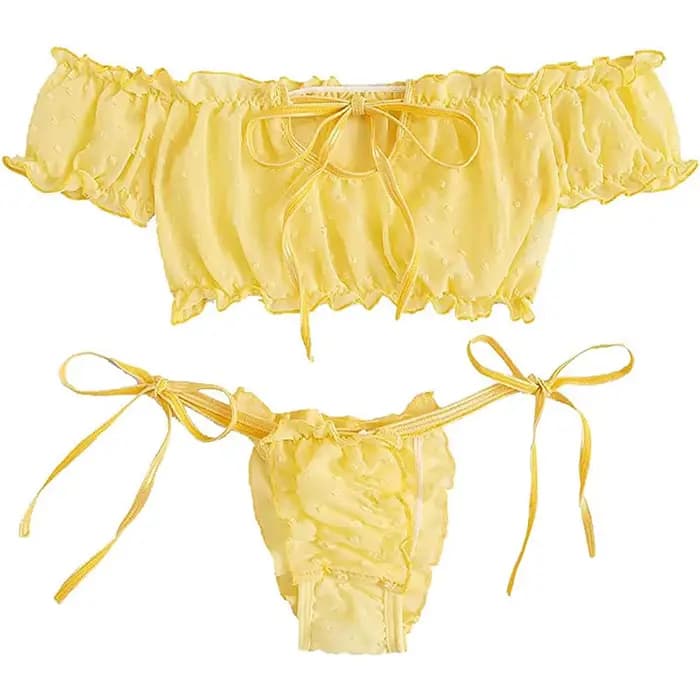2 pièces épaules dénudées à lacets ensemble Bikini femmes doux décontracté à manches courtes maillot