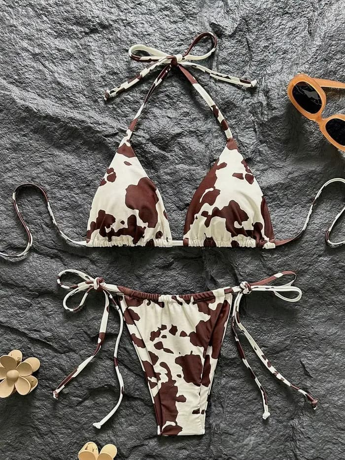 Ensemble Bikini Femme 2026 Été Marron Blanc Imprimé Vache Halter Triangle Liens Latéraux String Mail