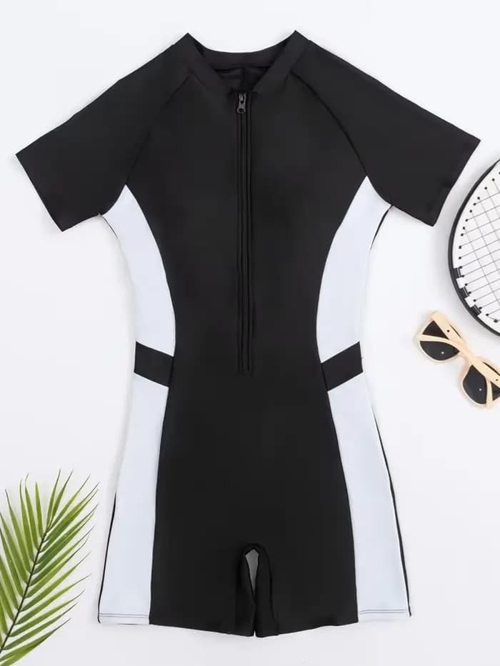 Maillot de bain complet pour femmes, nouveau Style de natation, noir, manches courtes, une pièce, Sh