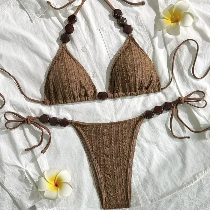 2026 Ensemble de bikini marron sexy pour femme, avec bretelles perlées, découpes, soutien-gorge push