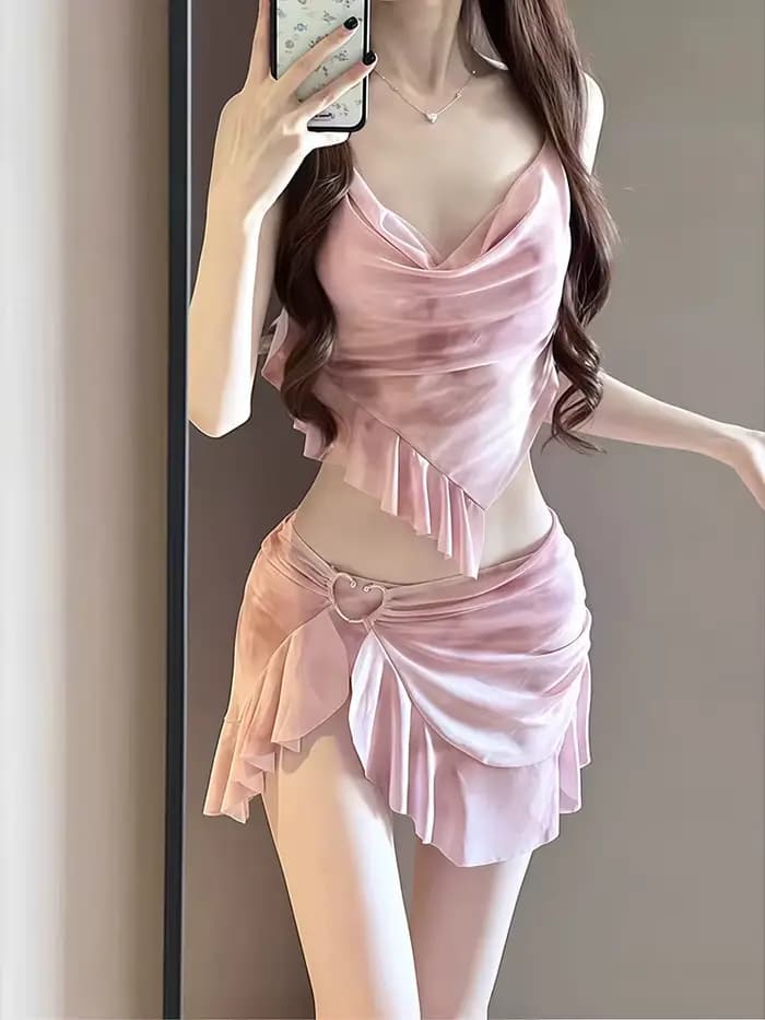 Nouveau Style coréen ensemble Bikini femmes rose dégradé volants Push Up maille jupe 3 pièces maillo