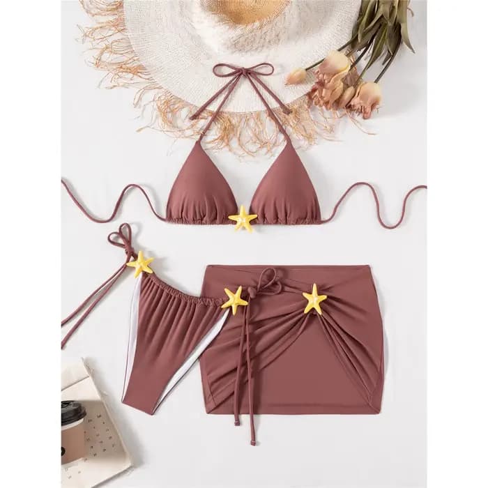Maillot de bain femme trois pièces avec jupe, bikini dos nu motif étoile de mer, rembourré