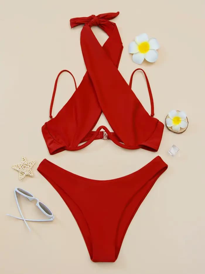 Bikini à bretelles croisées avec armatures 2026 Maillot de bain femme uni Push-up Maillot de bain fé