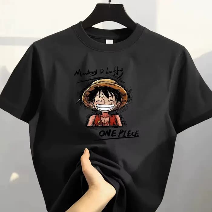 T-shirt en coton pur à manches courtes avec imprimé du personnage Luffy de One Piece, style ample, t