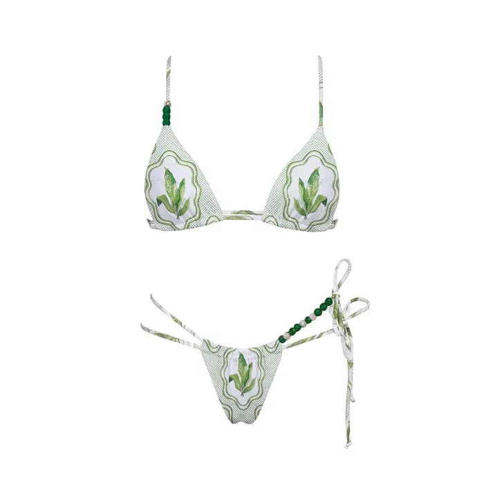 Maillot de bain bikini imprimé perlé pour femme, ensemble bikini à nouer sur les côtés, coupe haute,