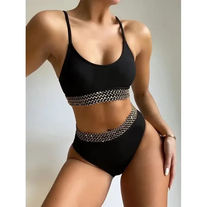 Bikini 2026 Maillot de bain sexy pour femme, ensemble bikini taille haute patchwork à rayures et bor