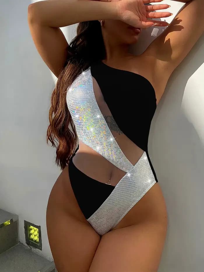 Maillot de bain une pièce scintillant pour femme, monokini sexy évidé, bikini de luxe asymétrique, m