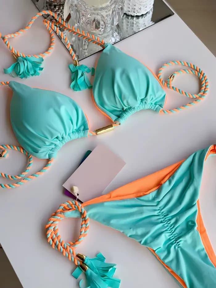 Sexy couleur unie deux pièces Triangle maillots de bain maillot de bain pour femme tressage corde Bi