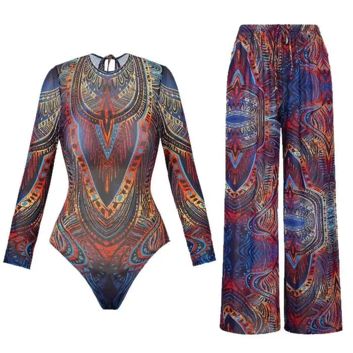 Maillot de bain une pièce imprimé coloré pour femme, maillot de bain à manches longues, style rétro,