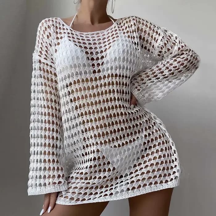Maillot de bain tricoté pour filles et femmes, Sexy, ajouré, col rond, manches longues, Cover-Up pou