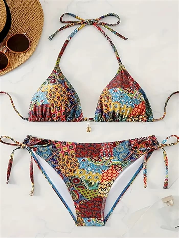 Bohème imprimé Bikinis licou String dos nu maillot de bain Push Up Bikini pendentif vacances maillot