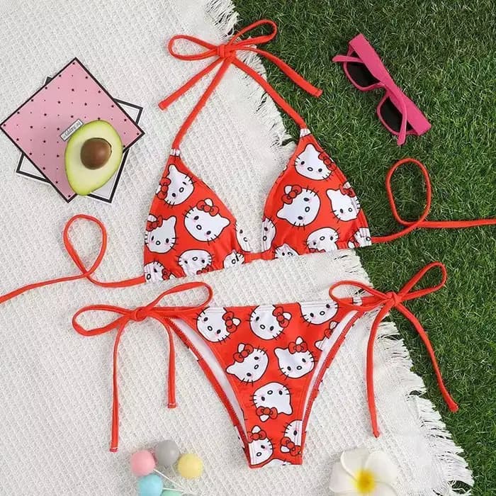 Ensemble bikini Hello Kitty pour femme, maillot de bain d'été doux avec culotte à bretelles latérale