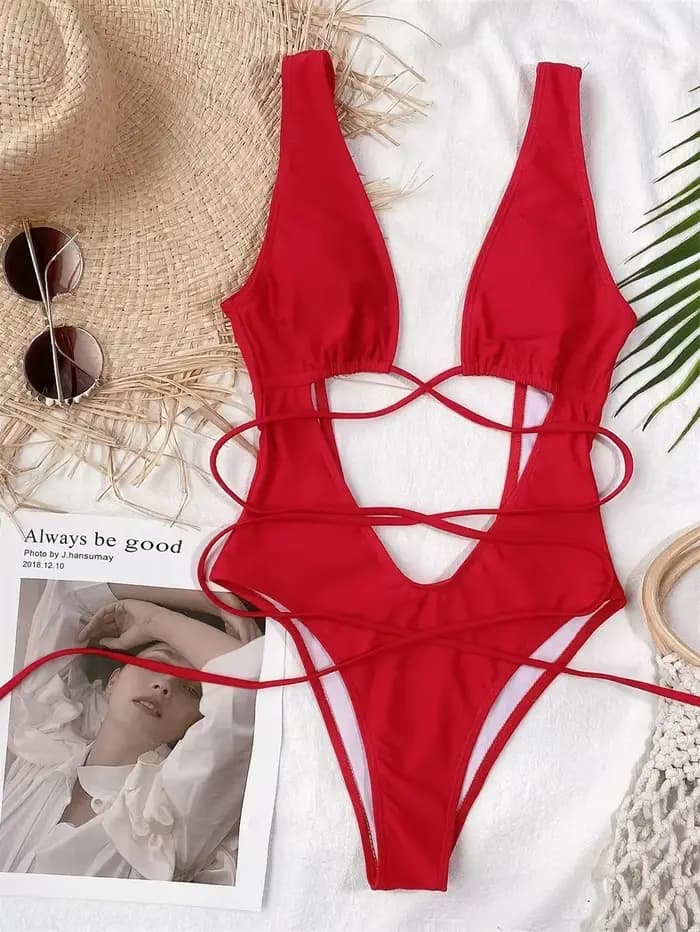 Sexy rouge maillot de bain Micro String Bikini évider dos nu Monokini femmes une pièce vacances mail