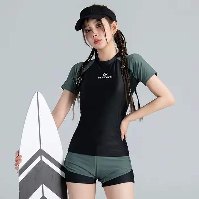 Maillot de bain deux pièces à manches courtes pour femmes, noir, vert, protection solaire, sport, fi