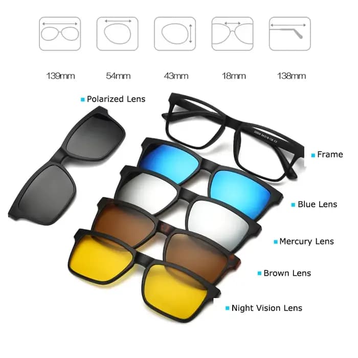 Monture de lunettes de mode hommes femmes avec 5 pièces pince sur lunettes de soleil lunettes magnét