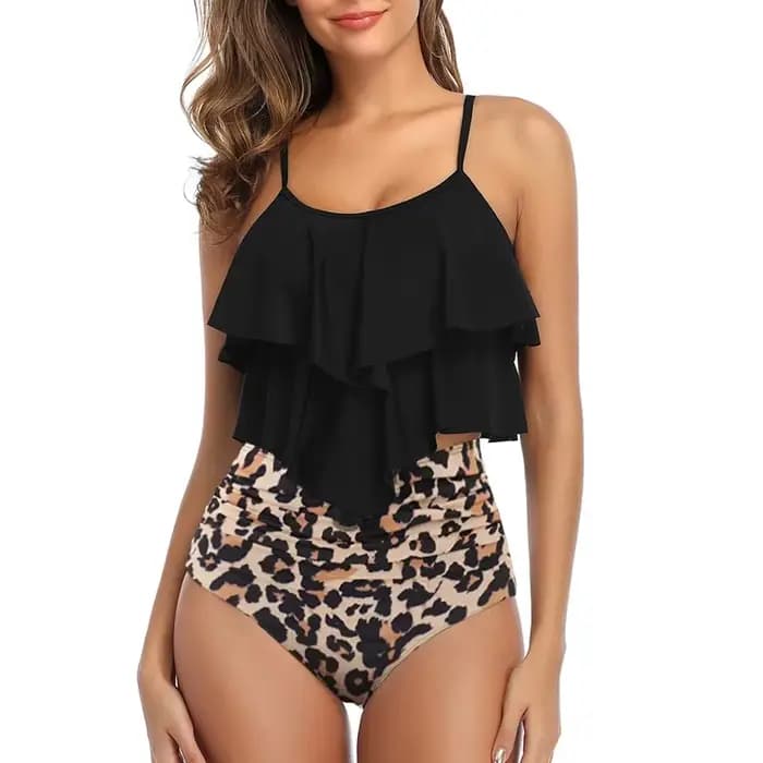 Maillot de bain deux pièces pour femmes, haut à Double volants, taille haute, bas froncé, ensemble T