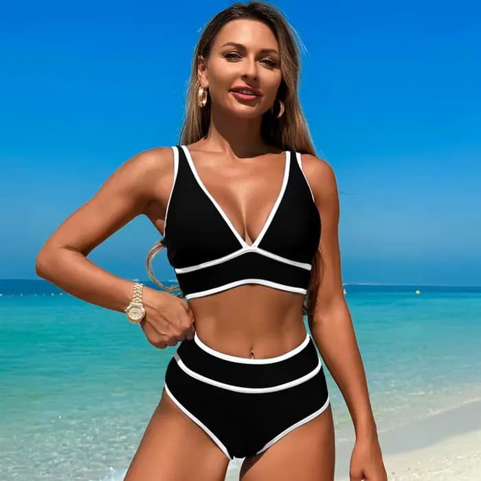 Ensembles de bikini pour femmes maillots de bain col en V taille haute 2 pièces maillots de bain mai