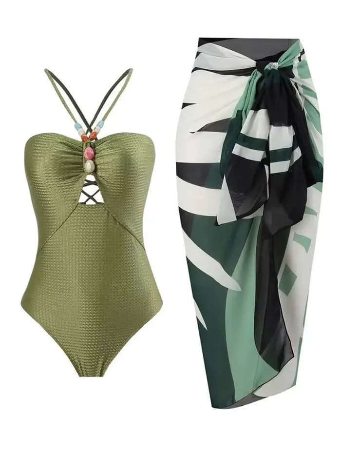 Maillot de bain une pièce sexy à bretelles avec jupe intégrée et rembourrage pour femme, collection 
