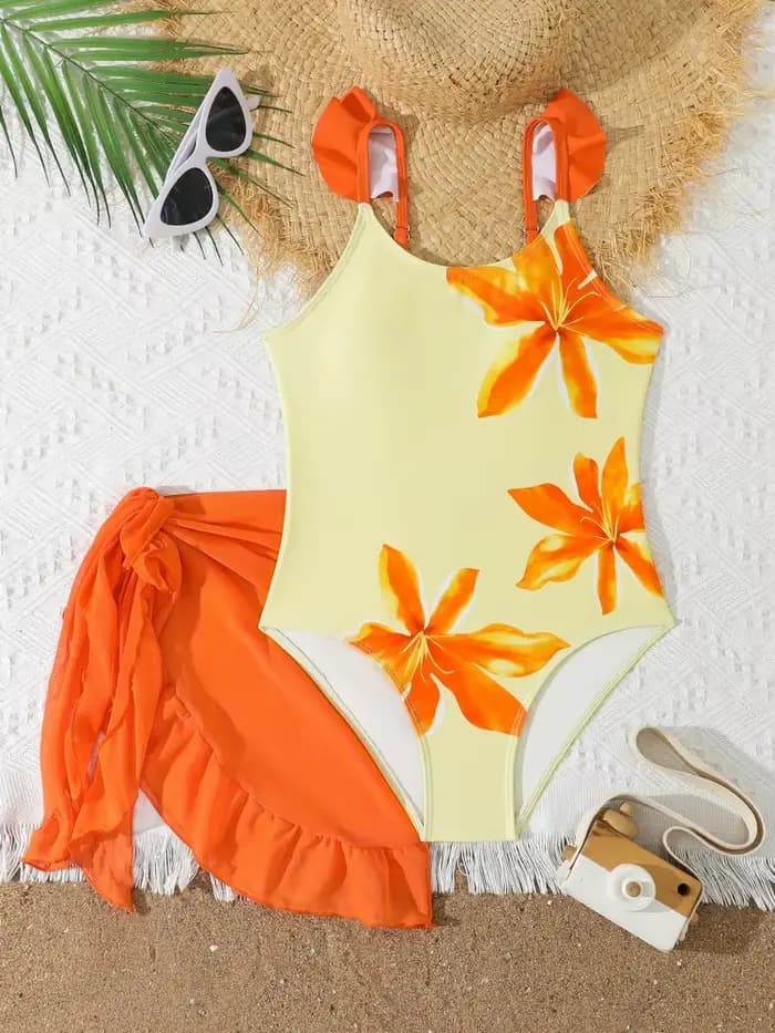 Maillot de bain une pièce pour filles et enfants, Nouveauté 2026, à volants, motif floral uni, avec 