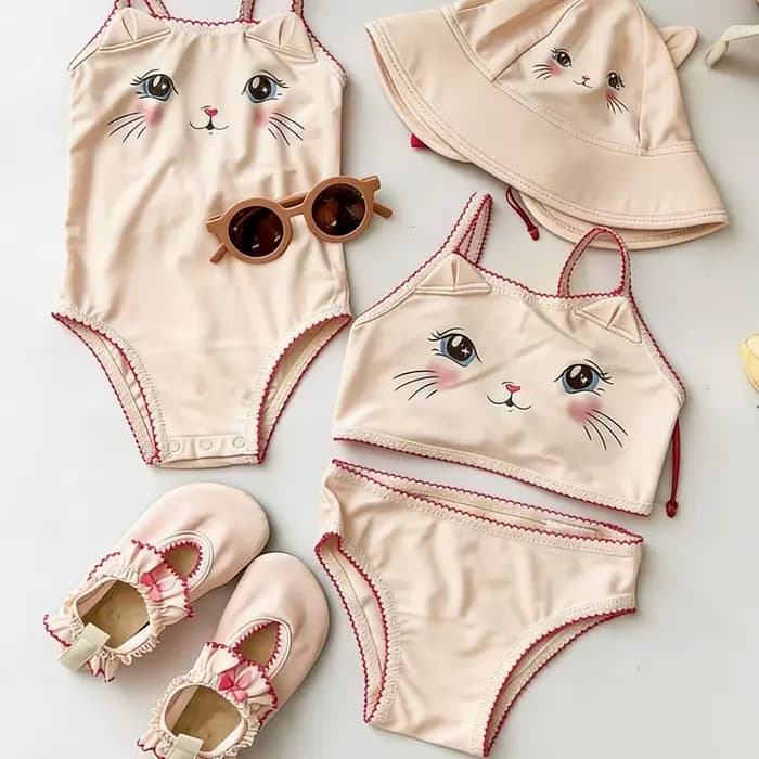 Nouvel ensemble de maillots de bain une pièce et deux pièces pour filles, motif chat mignon, impermé