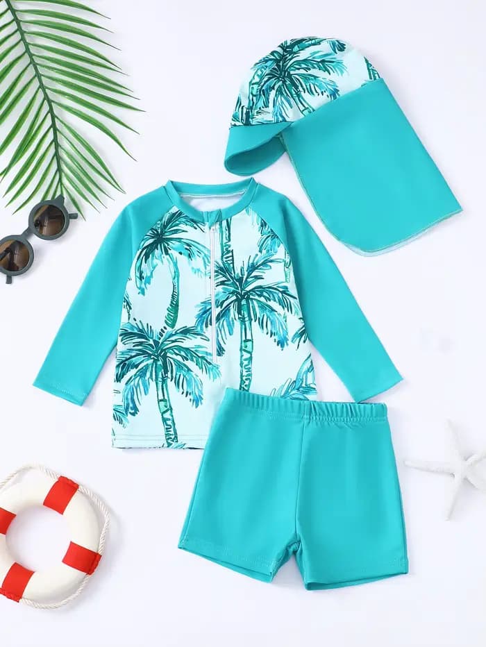 Ensemble de maillot de bain à manches longues pour bébé garçon, avec short et chapeau, tenue aquatiq
