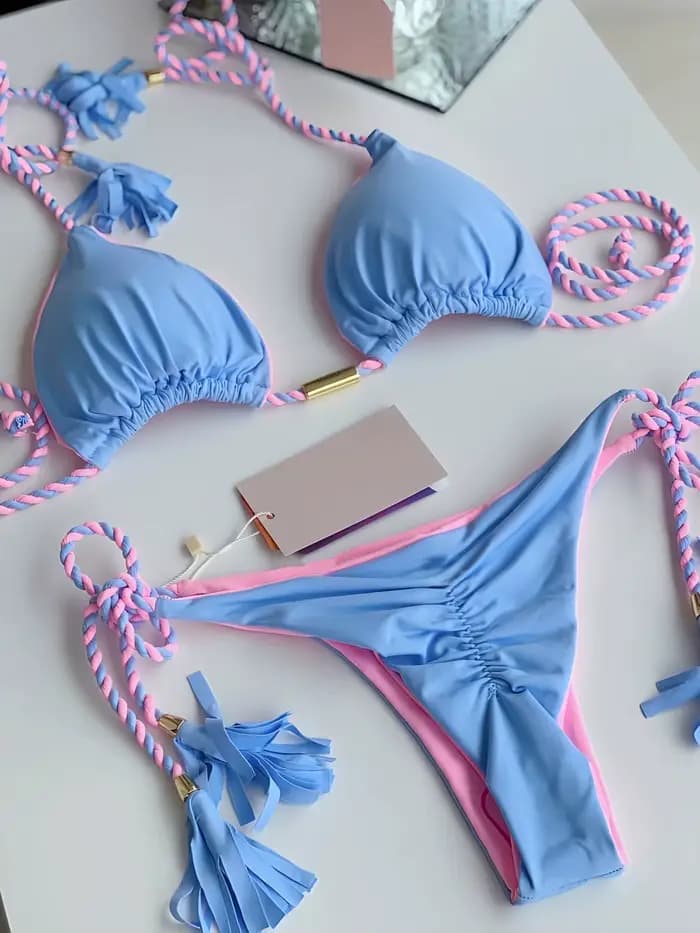 Sexy couleur unie deux pièces Triangle maillots de bain maillot de bain pour femme tressage corde Bi