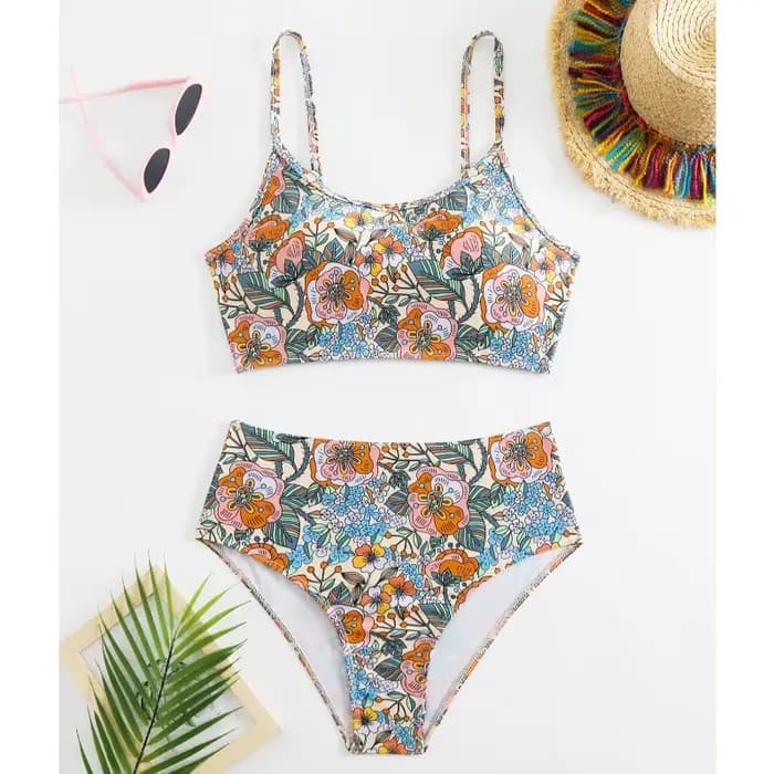 Ensemble bikini sexy pour femme, maillot de bain deux pièces à imprimé floral, taille haute, tenue d