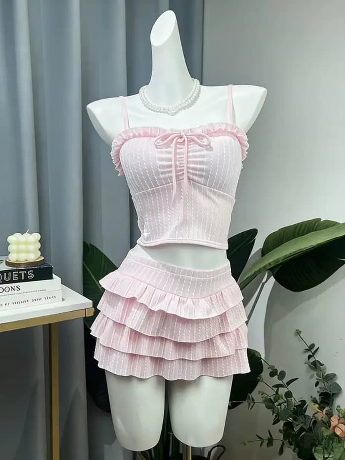 Ensemble de bikini à rayures style Sweet Lolita pour femmes, Y2k Harajuku, maillot de bain tendance 