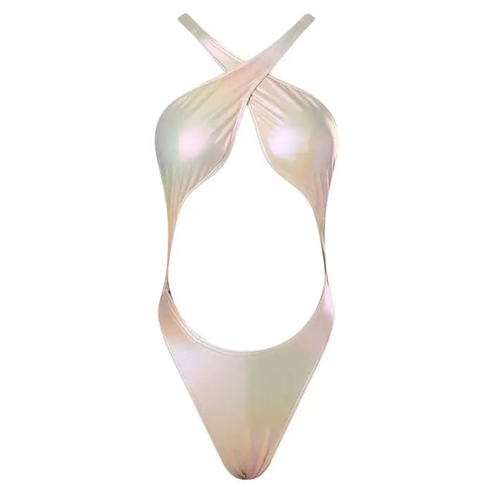 Maillot de bain une pièce métallisé irisé pour femme, dos nu, bretelles croisées avec coussinets de 