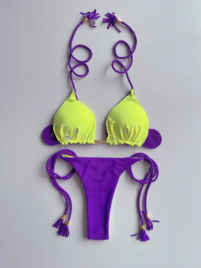 Sexy couleur unie deux pièces Triangle maillots de bain maillot de bain pour femme tressage corde Bi