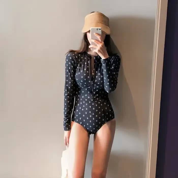 Maillot de bain une pièce conservateur à manches longues pour femme, style coréen, ajusté, couvrant 