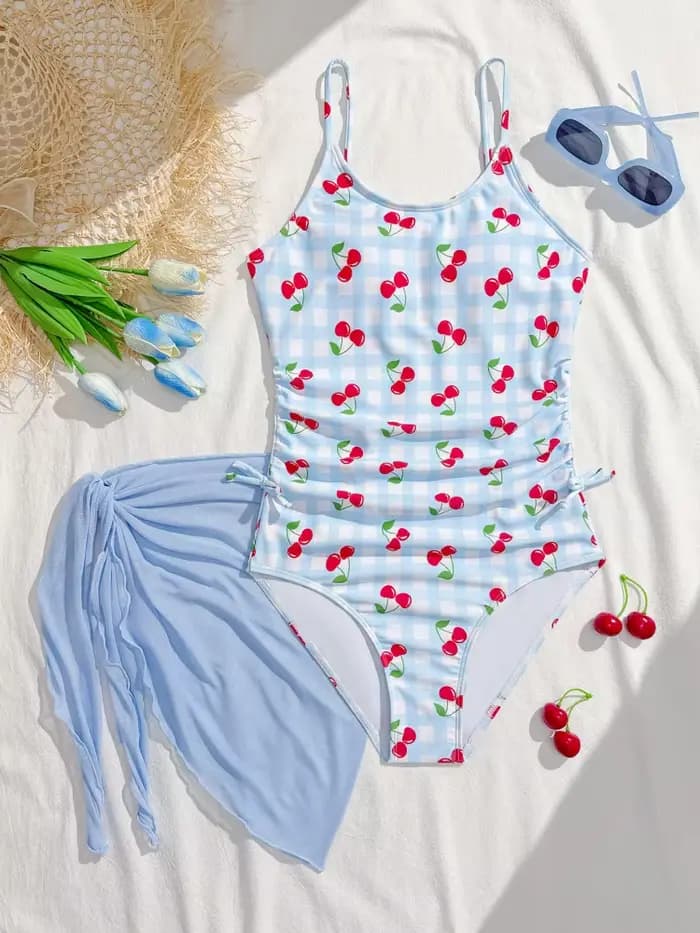 Maillot de bain une pièce pour filles, nouvelle collection 2026, motif bleu à carreaux et cerises, a