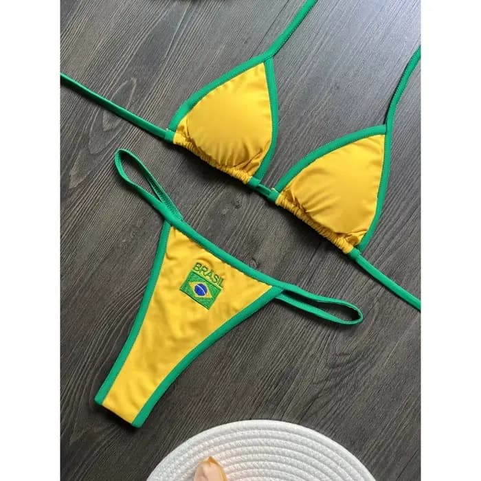 Broderie drapeau du brésil contraste fendu Bikini ensemble femmes maillots de bain Patchwork maillot