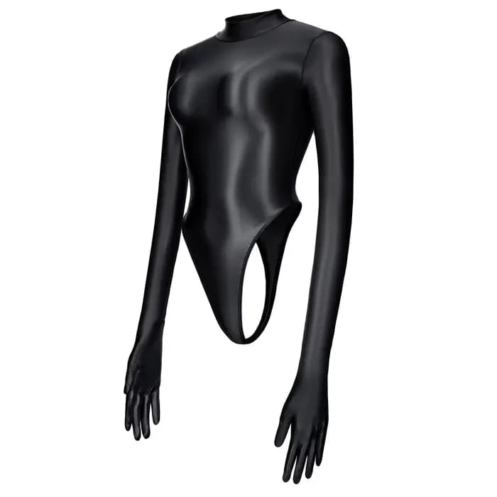 Maillot de bain sexy pour femme à manches longues avec gants, col montant brillant effet huile, une 