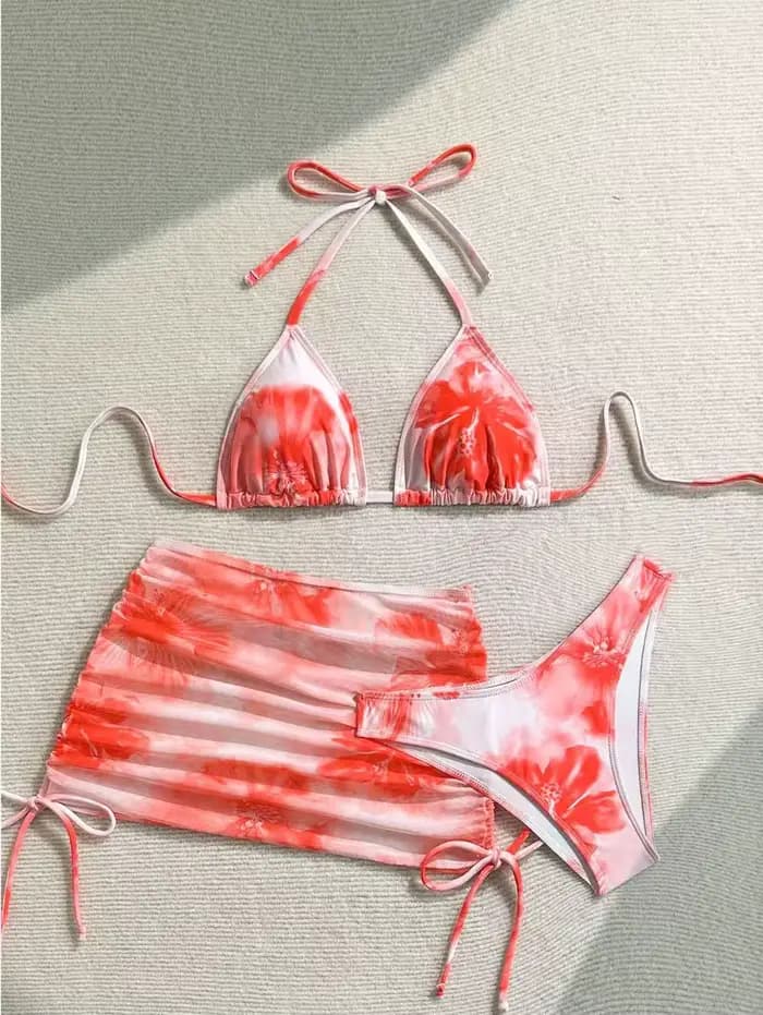 Sexy 3 pièces ensemble Bikini femmes imprimé maillot de bain fendu sangle de cou maillot de bain ave