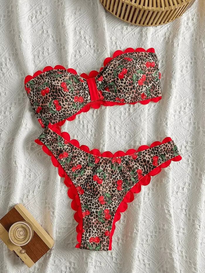 Bikini bandeau sexy 2026 pour femme, imprimé léopard rouge, avec nœud frontal, soutien-gorge push-up