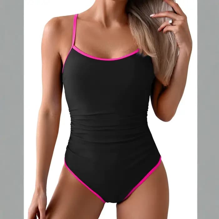 Maillot de bain amincissant pour femme, contrôle du ventre, bretelles spaghetti, bordure contrastant