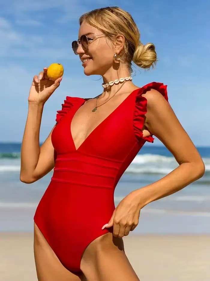 Nouveau Maillot de bain une pièce dos nu été couleur unie épissage champignon bord col en v mode One